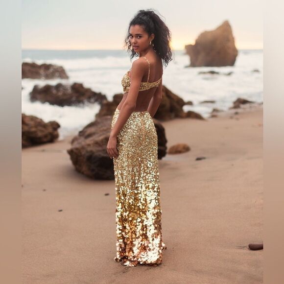 MAC DUGGAL 6077 Gold Thin Strap Cut Out Gown With Ombre Sequins - Picture 5 of 16